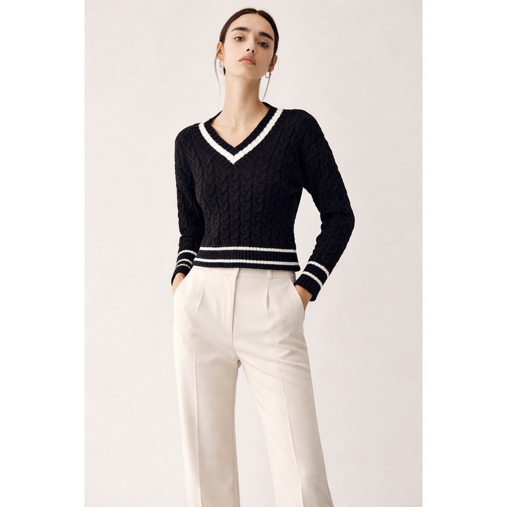 Commense Contrast Trim Cable Knit Sweater Black‎ size S